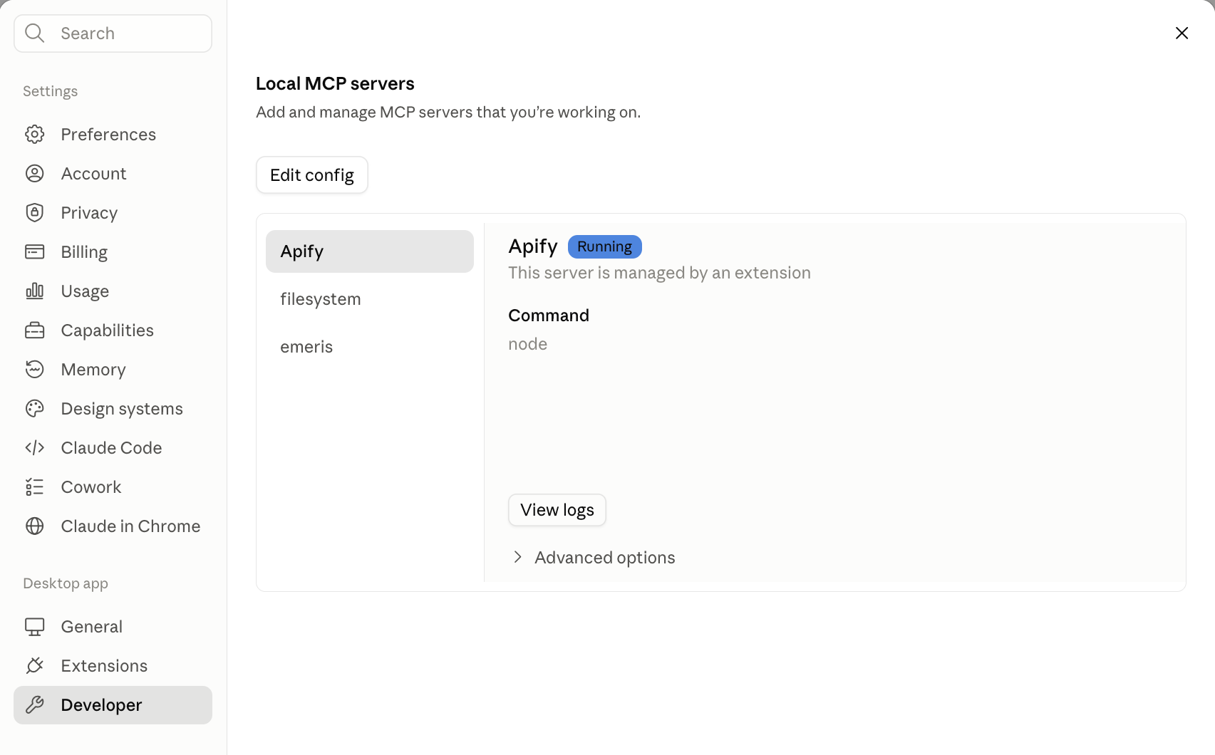 Claude Desktop settings on the Developer tab. Under Local MCP servers there is an Edit config button and a list of servers, with emeris among them.