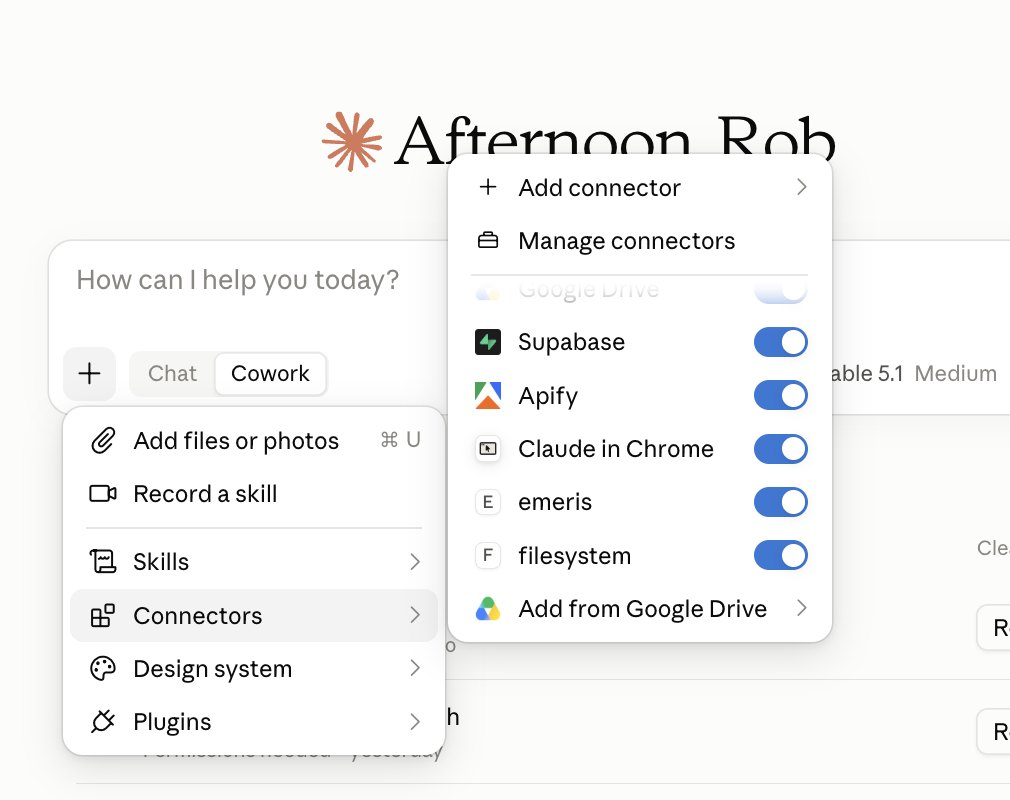 A new Claude Desktop chat with the plus menu open and Connectors selected. The connectors list shows emeris with its switch turned on.