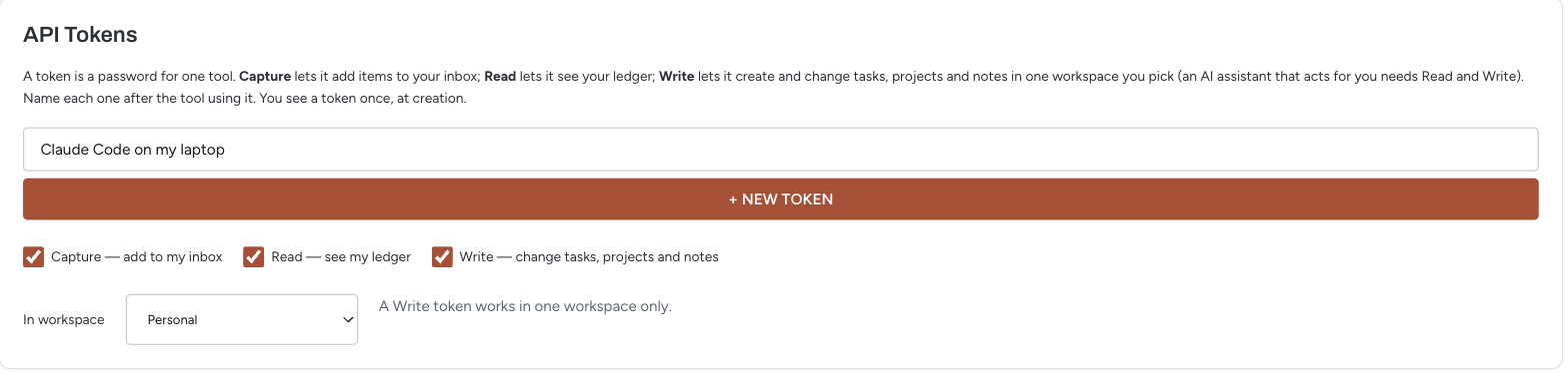 The API Tokens card in emeris Settings. The name field reads Claude Code on my laptop, the Capture, Read and Write boxes are ticked, and the In workspace menu shows Personal.