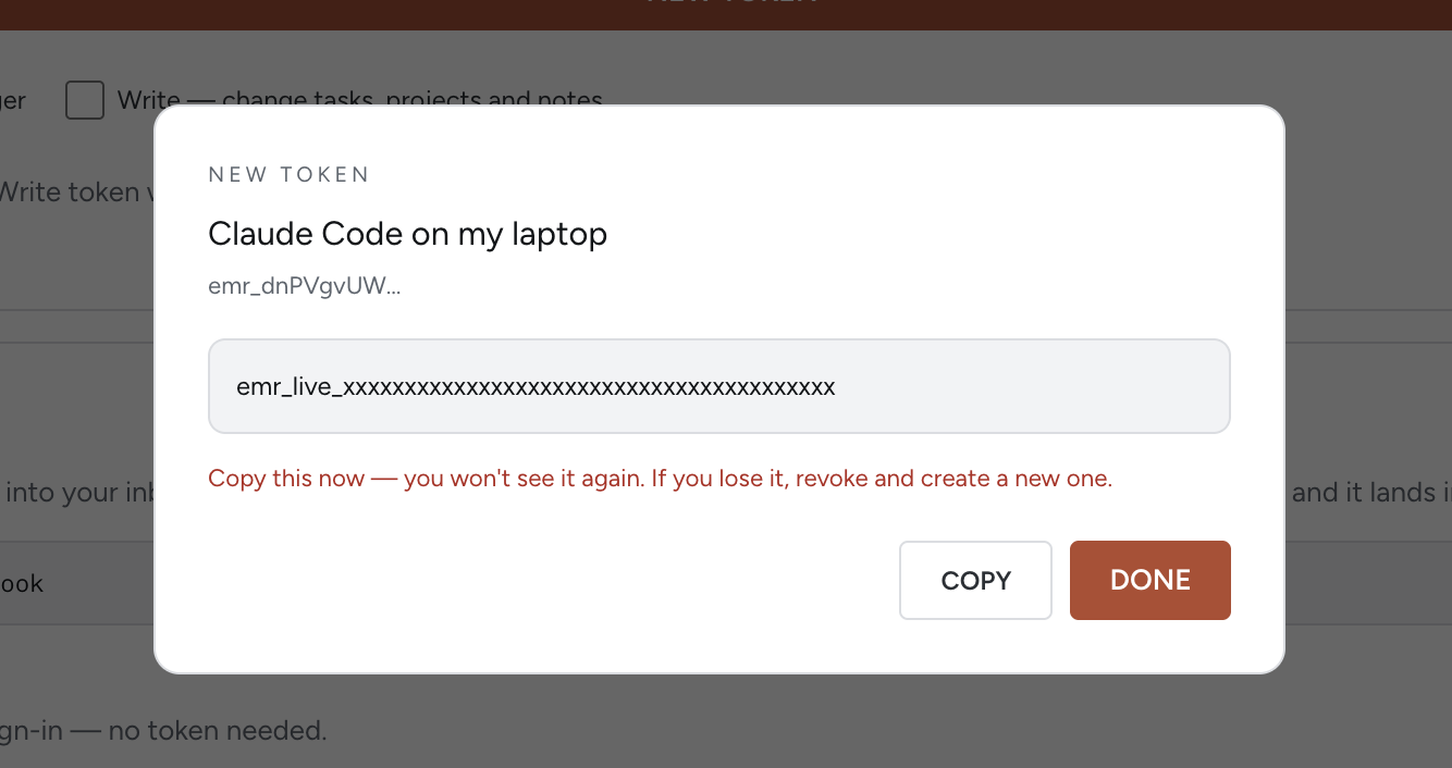 The New token dialog showing the token value once, with Copy and Done buttons and a warning that it will not be shown again.
