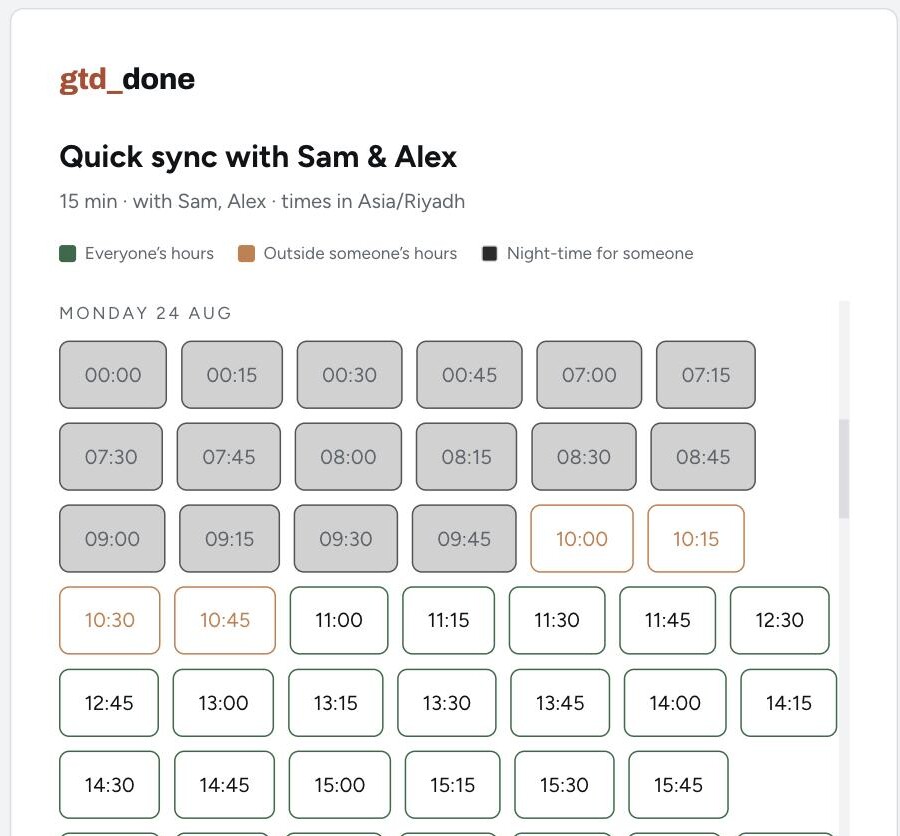 Shared booking page: Quick sync with Sam and Alex, 15 min, with a grid of Monday slots colour-coded green for everyone's hours, orange for outside someone's hours, and black for night-time for someone